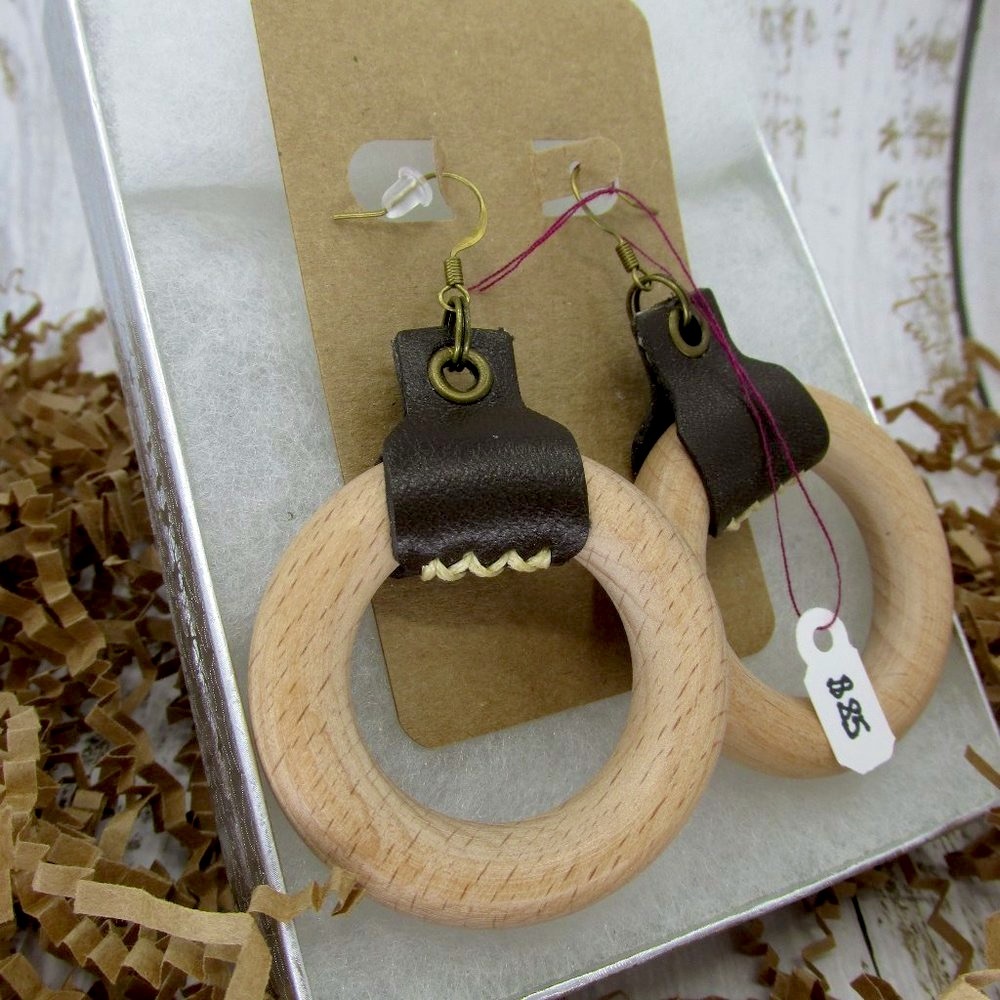 Genuine Leather and Wood Circle Earrings